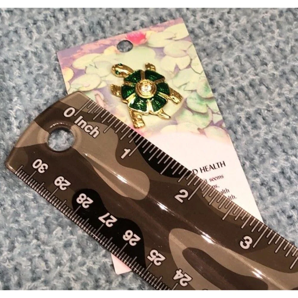 Gold-Tone Turtle Pin Green Enamel Clear Rhinestone Center